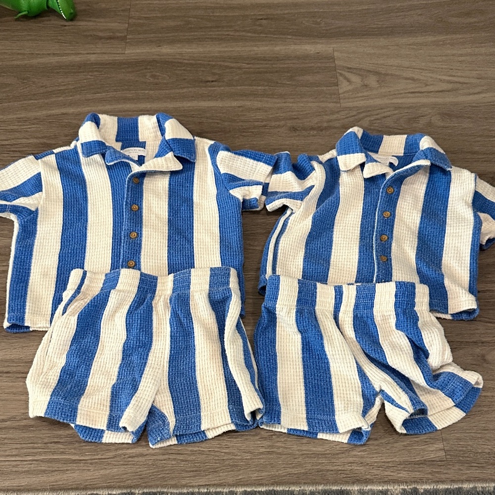 Blue and White Striped Kids Shorts Set